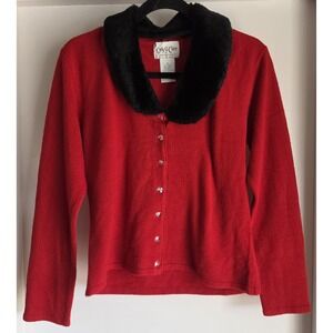 Carly St. Claire Cardigan M Red Black V-Neck Long Sleeve Vintage Removable Fur